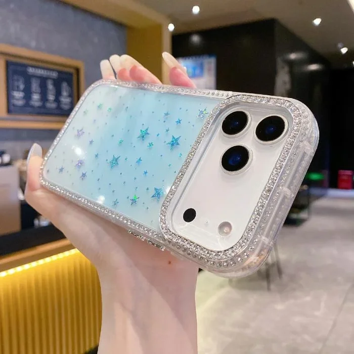Funda híbrida de TPU con patrón holográfico de estrellas y cobertura total IMD para iPhone 17 Pro (azul)