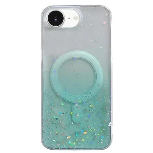 Funda híbrida de TPU transparente con purpurina MagSafe para iPhone 16e (verde)