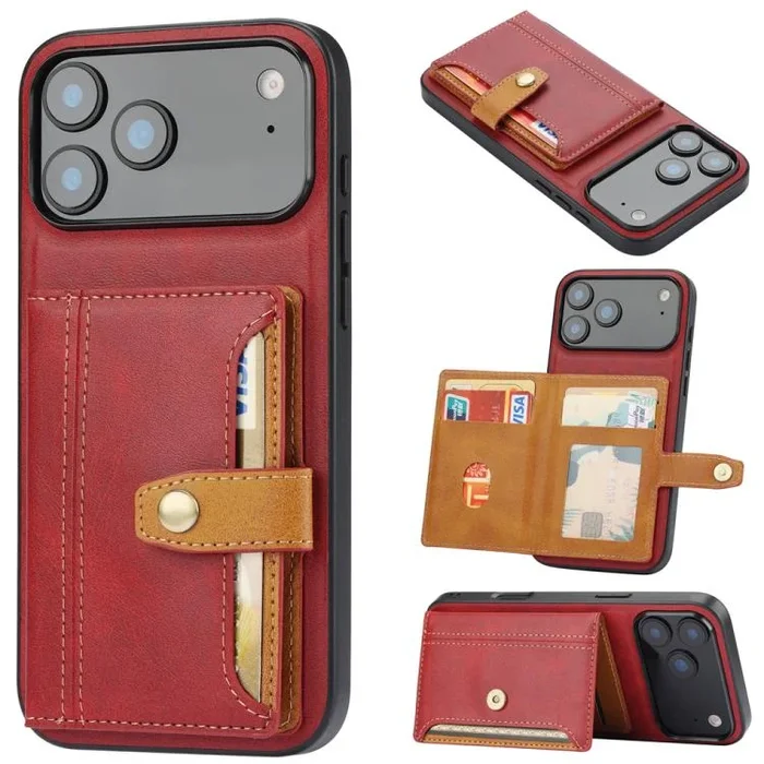 Funda híbrida de TPU y PU con ranura para tarjetas para iPhone 17 Pro Max (roja)