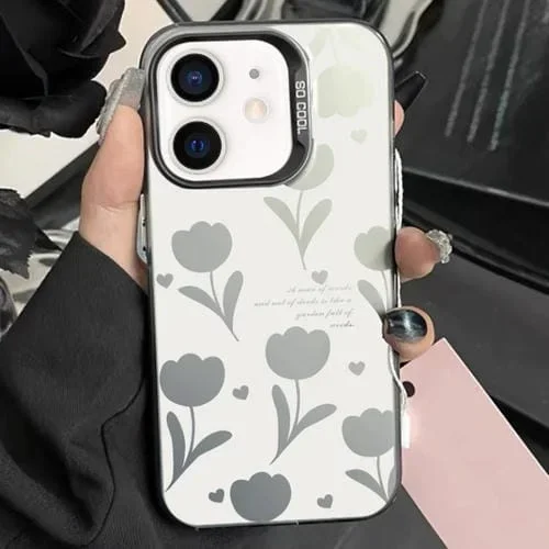 Funda híbrida para iPhone 12 TPU para PC con Pintura Plateada (Tulipanes Huecos Negros)