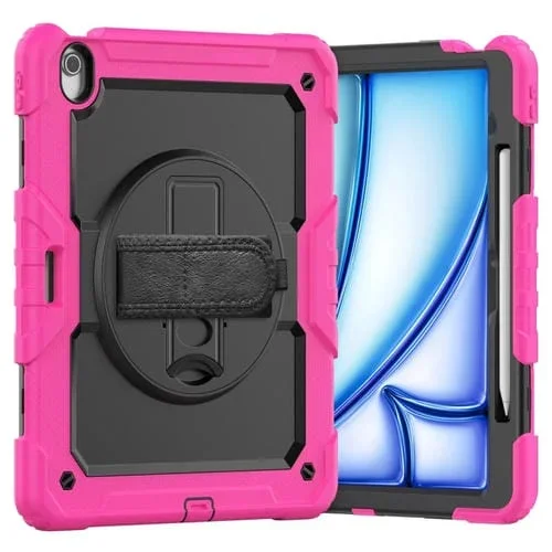 Funda híbrida Silicona para iPad Air 13 (2025/2024) con correa para el hombro (Negro y Rojo Rosa)