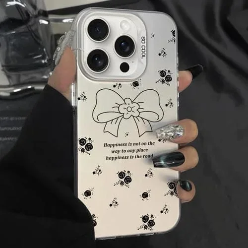 Funda Híbrida TPU iPhone 14 Pro Max Pintura Plateada Lazo Floral Blanco