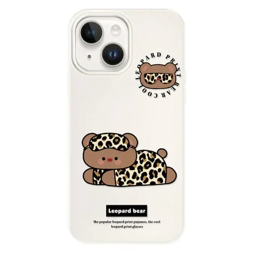 Funda híbrida TPU Policarbonato iPhone 15 Tacto sedoso (Oso Leopardo Blanco)