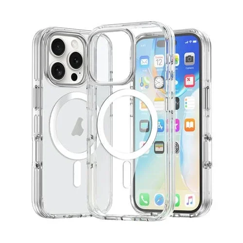 Funda híbrida TPU y PC con botones metálicos y cierre magnético Magsafe para iPhone 16 Pro (Transparente)