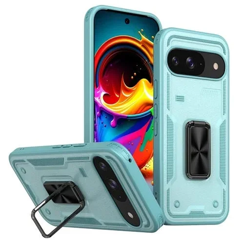 Funda híbrida TPU y PC con soporte de anillo para Google Pixel 9/9 Pro (Azul)