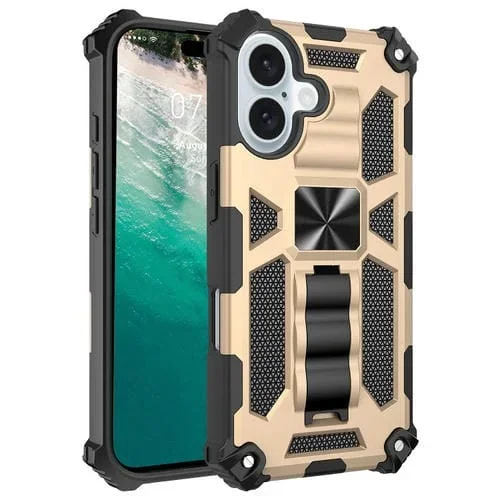 Funda híbrida TPU y PC con soporte magnético para iPhone 16 (Dorada)
