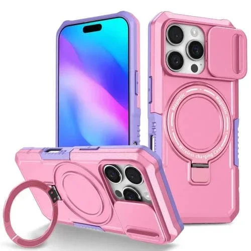 Funda híbrida TPU y PC con Soporte Magsafe y Protección Deslizante para iPhone 16 Pro Max (Morado y Rosa)