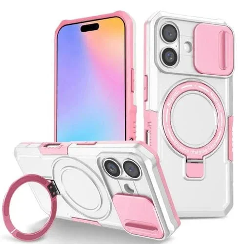 Funda híbrida TPU y PC con Soporte Magsafe y Protección para iPhone 16 (Rosa y Blanco)