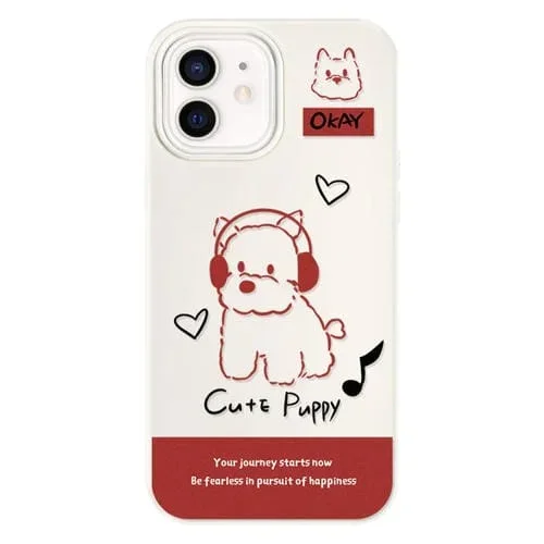 Funda híbrida TPU y PC iPhone 12 con Tacto de Piel Auriculares Perro (Blanco)