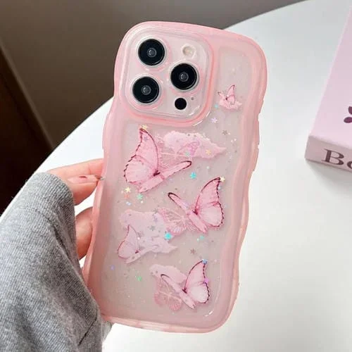 Funda híbrida TPU y PC iPhone 12 Pro Max borde ondulado mariposa (Rosa)