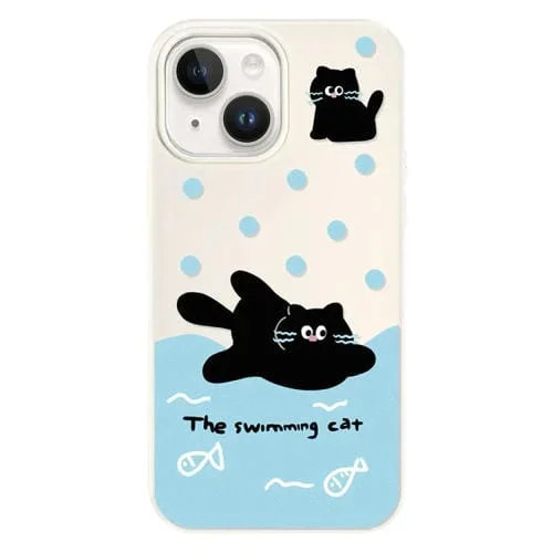 Funda híbrida TPU y PC iPhone 14 Plus Tacto Sedoso (Gato Negro Nadando En Blanco)
