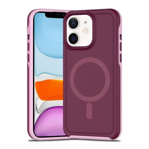 Funda Híbrida TPU y PC para iPhone 11 con Protección Magsafe a Prueba de Golpes (Rojo Vino y Rosa Claro)