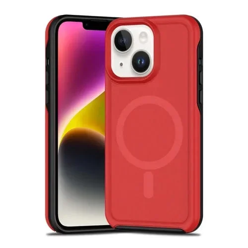 Funda Híbrida TPU y PC para iPhone 14 Protección Magsafe Prueba de Golpes (Rojo y Negro)