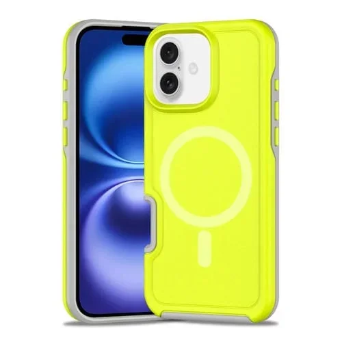 Funda Híbrida TPU y PC para iPhone 16 con Protección Magsafe y Antigolpes (Verde Fluorescente y Gris)