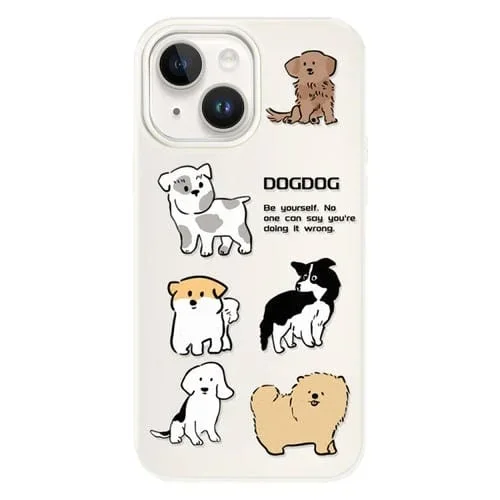 Funda híbrida TPU y Policarbonato iPhone 14 Plus Cachorro de Razas Múltiples (Blanco)