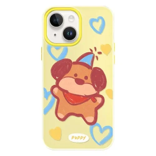 Funda híbrida TPU y policarbonato iPhone 14 Plus dibujo cachorro con crayones (Amarillo)