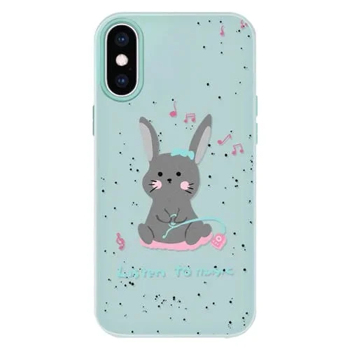 Funda híbrida TPU y Policarbonato para iPhone X/Xs Escucha Música Conejo (Verde Claro)