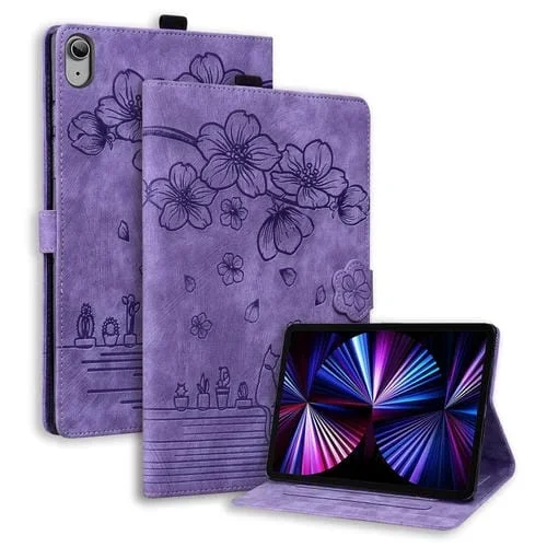 Funda Inteligente de Cuero con Relieve Gato Sakura para iPad 2025/2022 (Morado)