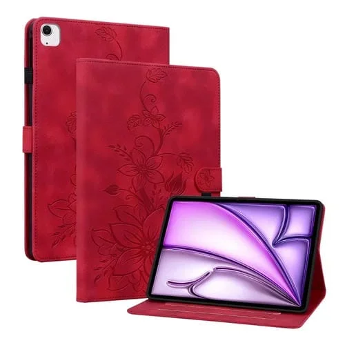 Funda Inteligente de Cuero con Relieve Lily para iPad Air 13 (2025/2024) (Roja)