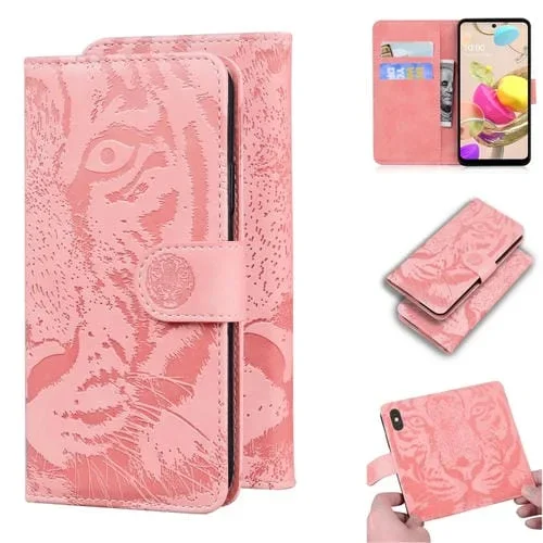 Funda LG K42 Cuero con patrón Tiger, tapa horizontal, tarjetero y billetera (Rosa)