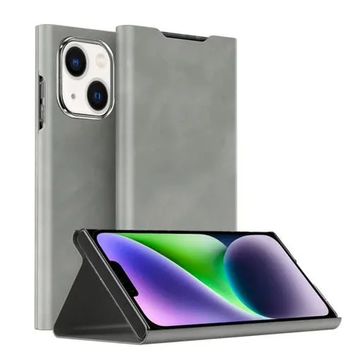 Funda Magnética de Cuero para iPhone 14 con Textura de Napa y Soporte (Gris)