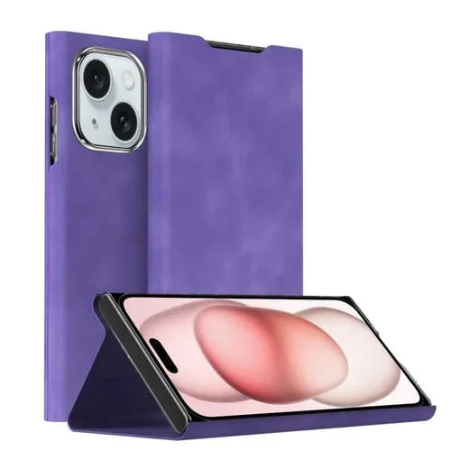 Funda Magnética de Cuero para iPhone 15 Plus con Textura de Napa y Soporte (Púrpura)