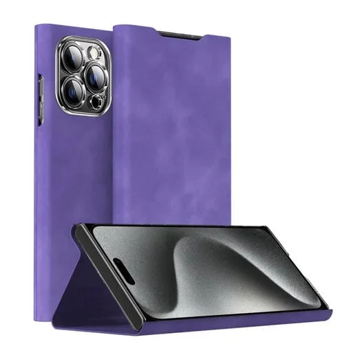 Funda Magnética de Cuero para iPhone 15 Pro con Textura de Napa y Soporte (Púrpura)