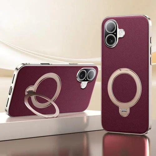 Funda MagSafe con textura de cuero y soporte giratorio de 360 grados para iPhone 17 (roja)