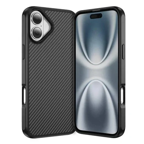 Funda MagSafe con textura de fibra de carbono y tacto suave para iPhone 16 Plus (negra)