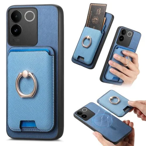 Funda Magsafe para Vivo Y300+ con Anillo de Cuero Retro Cruzado y Ranuras para Tarjetas (Azul)