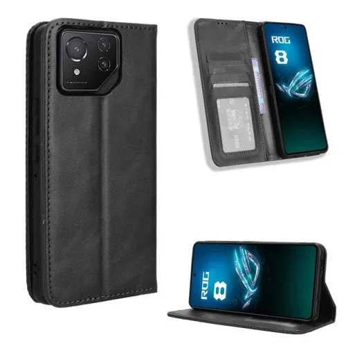 Funda para Asus Rog Phone 8/8 Pro de Cuero con Textura Retro y Hebilla Magnética (Negro)