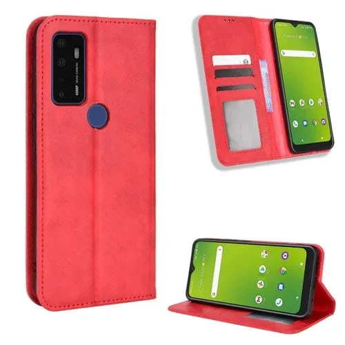 Funda para Cricket Dream 5G y At & T Radiant Max 5 con Hebilla Magnética y Textura Retro de Cuero (Rojo)
