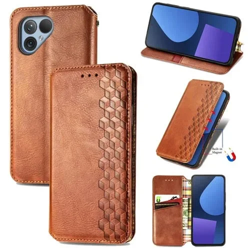 Funda para Fairphone 5 Cubic Grid de Cuero Magnético Prensado (Marrón)