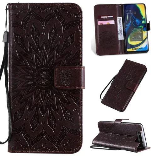 Funda para Galaxy A80 Cuero Pu Estampado Girasol Tapa Horizontal Soporte Ranuras Tarjetas Billetera Cordón (Marrón)
