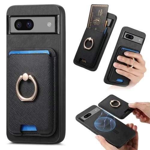 Funda para Google Pixel 7A con Ranuras para Tarjetas y Anillo de Cuero (Negro)