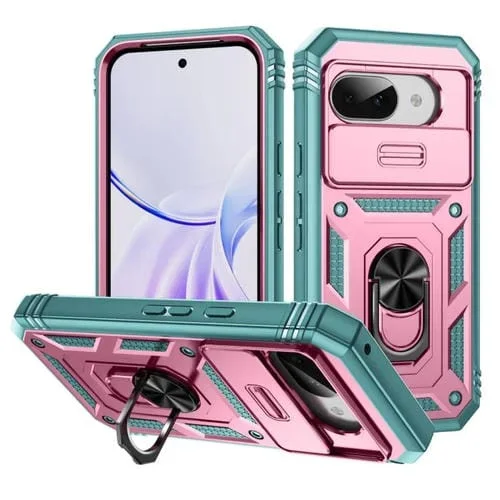 Funda para Google Pixel 9A con Soporte TPU + PC Protección Deslizante (Verde y Rosa)