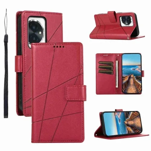 Funda para Honor 100 con Línea en Relieve y Textura de Cuero Genuino PU (Rojo)
