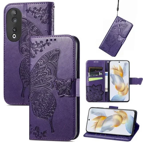 Funda para Honor 100 de Cuero con Relieve de Flor de Amor y Mariposa (Púrpura)