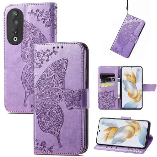 Funda para Honor 100 Pro 5G de Cuero con Relieve Flor de Amor y Mariposa (Lavanda)
