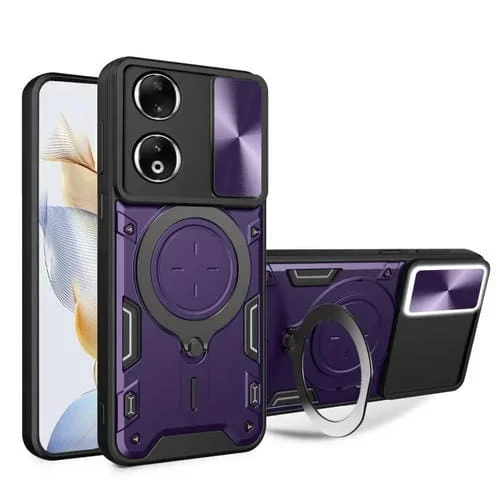 Funda para Honor 90 5G con Soporte Magnético y Escudo Deslizante Textura Cd (Púrpura)