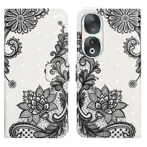 Funda para Honor 90 de Cuero con Dibujo 3D en Relieve al Óleo (Flor de Encaje)