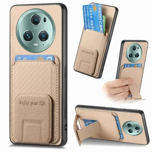 Funda para Honor Magic5 con Soporte Plegable y Bolsa para Tarjetas de Fibra de Carbono (Caqui)