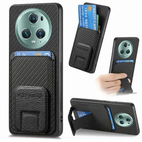 Funda para Honor Magic5 Pro con Soporte Plegable y Bolsa para Tarjetas de Fibra de Carbono (Negro)