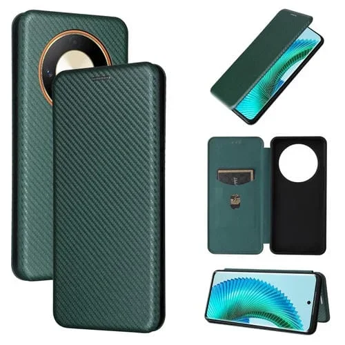 Funda para Honor Magic6 Lite de Cuero con Tapa y Textura de Fibra de Carbono (Verde)