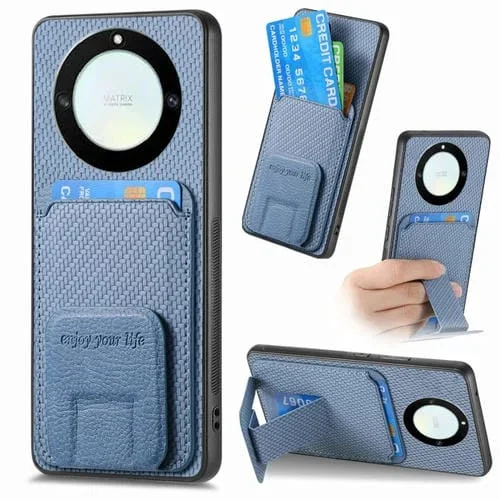 Funda para Honor X40 con Soporte Plegable y Bolsa para Tarjetas de Fibra de Carbono (Azul)