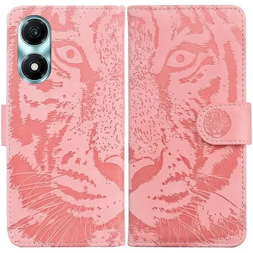 Funda para Honor X5 Plus y Play 40C de Cuero con Tapa y Patrón en Relieve de Tigre (Rosa)