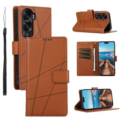 Funda para Honor X50I PU con Línea en Relieve y Textura de Cuero Genuino (Marrón)