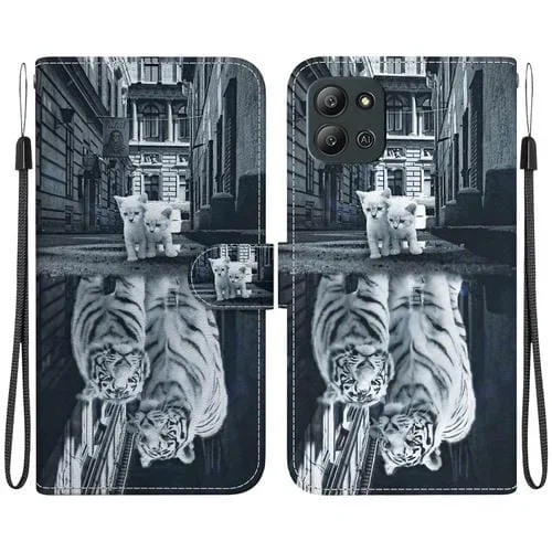 Funda para Infinix Hot 11 2022 de Cuero con Dibujo Coloreado y Textura de Cristal (Reflejo de Tigre Gato)