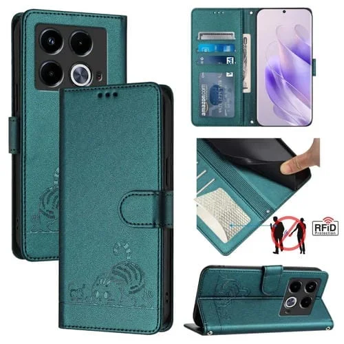 Funda para Infinix Note 40 Cat Rat de Cuero RFID con Patrón en Relieve y Cordón (Verde Pavo Real)