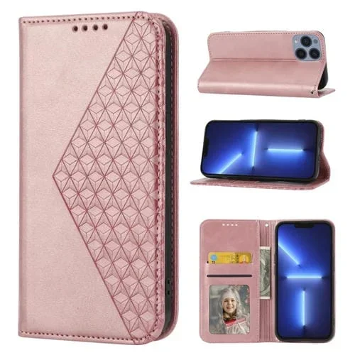 Funda para iPhone 11 Pro Cubic Grid Calf Texture Cierre Magnético de Cuero (Oro Rosa)